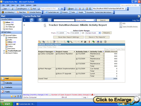 TrackerSuite.Net Billable activity report in Microsoft Outlook