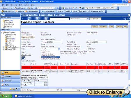 TrackerSuite.Net expense report in Outlook