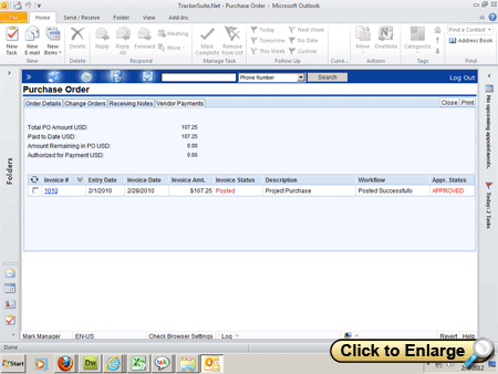 Open a window to a full screenshot of a purchase order payments in Microsoft Outlook