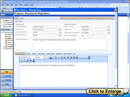 A TrackerSuite.Net project status report in Microsoft Outlook